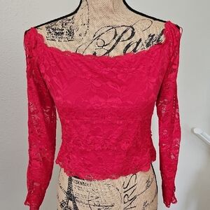 Guess Pink Lace Crop Top Fitted Long Sleeve